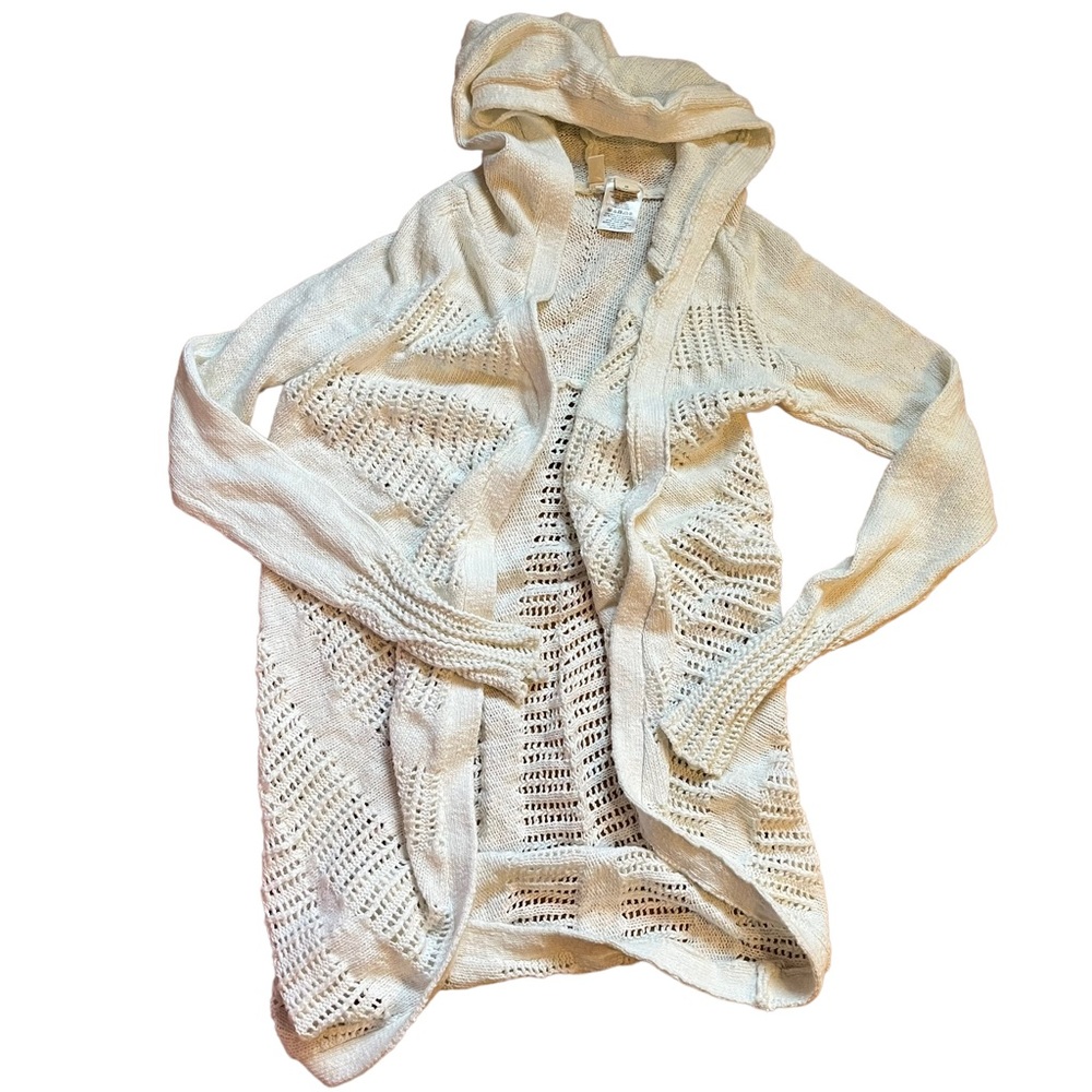 Moth by Anthropologie linen blend hooded cream embroidered knit cardigan size XS